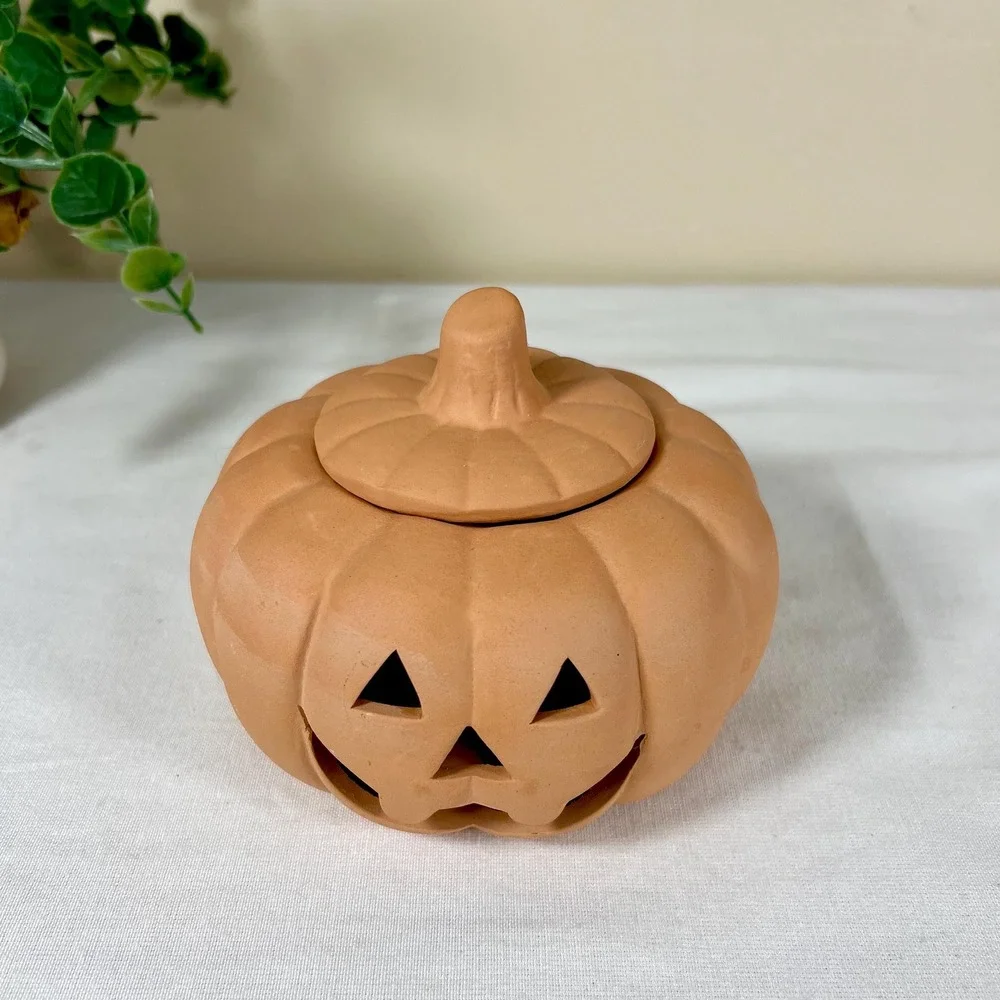 Small Vintage Terracotta Unglazed Pumpkin Jack-O-Lantern